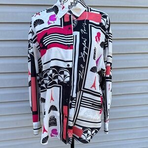 Karl Lagerfeld White Black Pink Graphic Button-Down Shirt